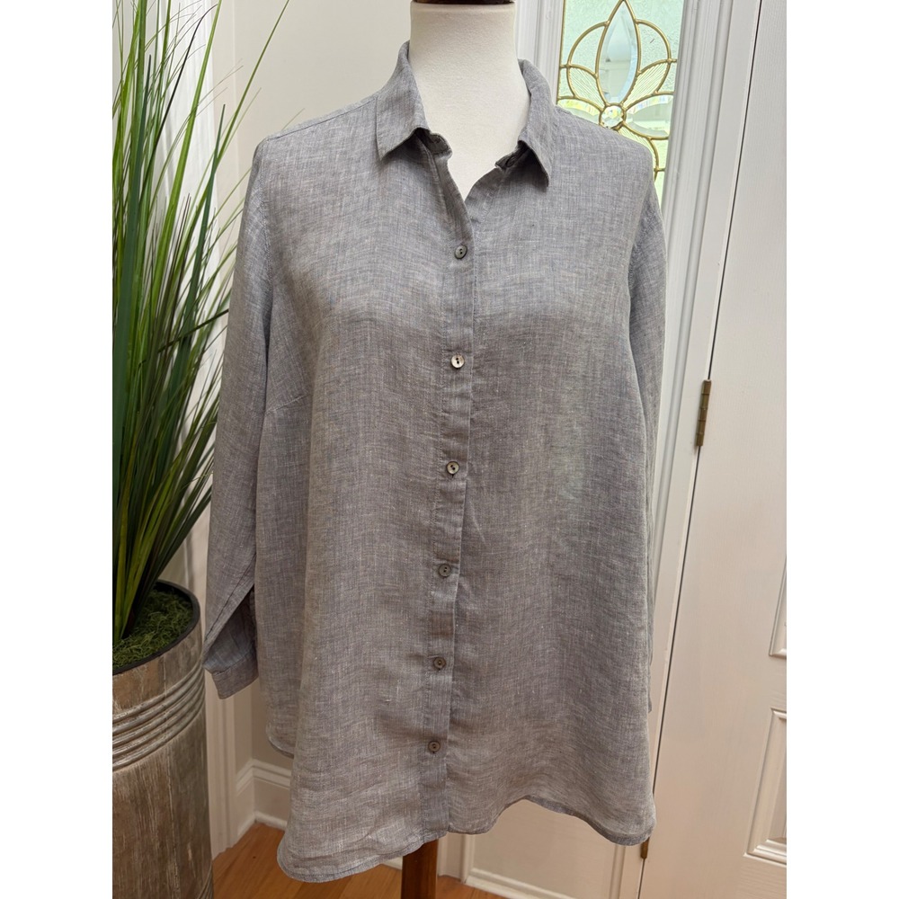 J. Jill Love 100% Linen Grey Button Down Shirt XL Roll Tab Sleeve Lagenlook